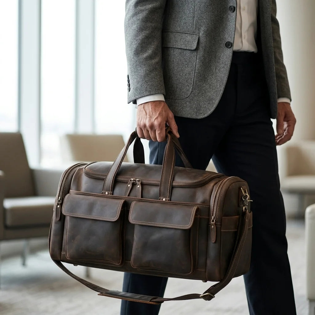Men's Leather Travel Duffle Bag — Vintage Buffalo - man carrying by handle indoor