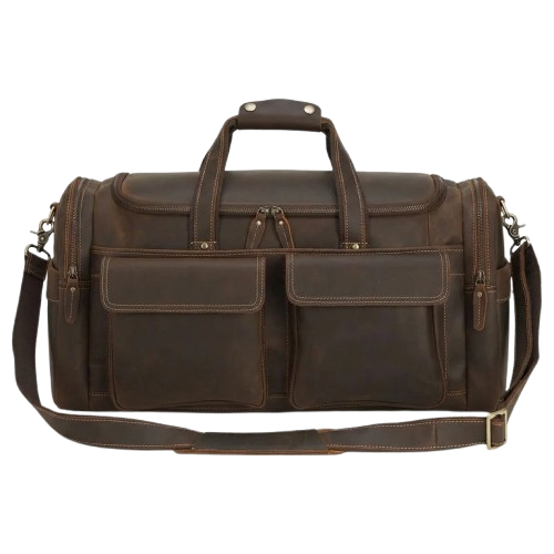 A dark brown distressed leather duffel bag with multiple front pockets, top handles, and an adjustable shoulder strap, shown against a plain white background.