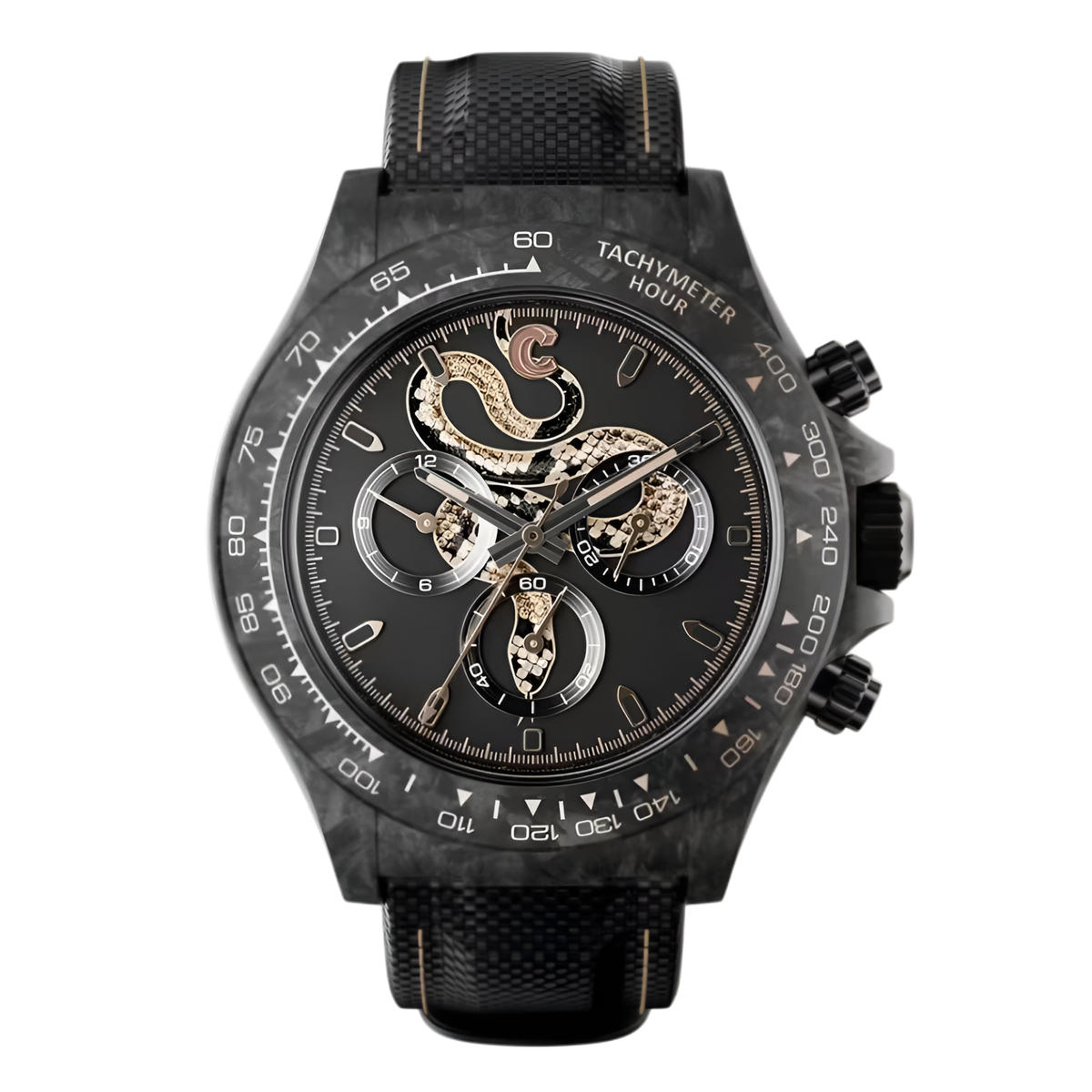 A black wristwatch featuring a detailed face set against a white background