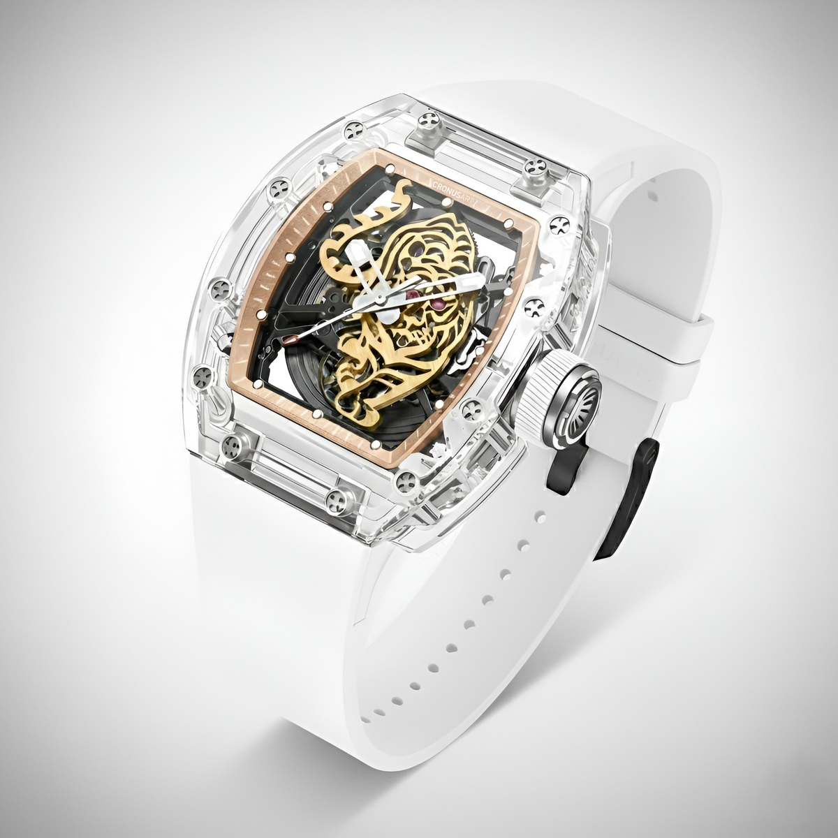 Angled view of CRONUSART CM001-002 men’s skeleton watch highlighting tiger dial and transparent case