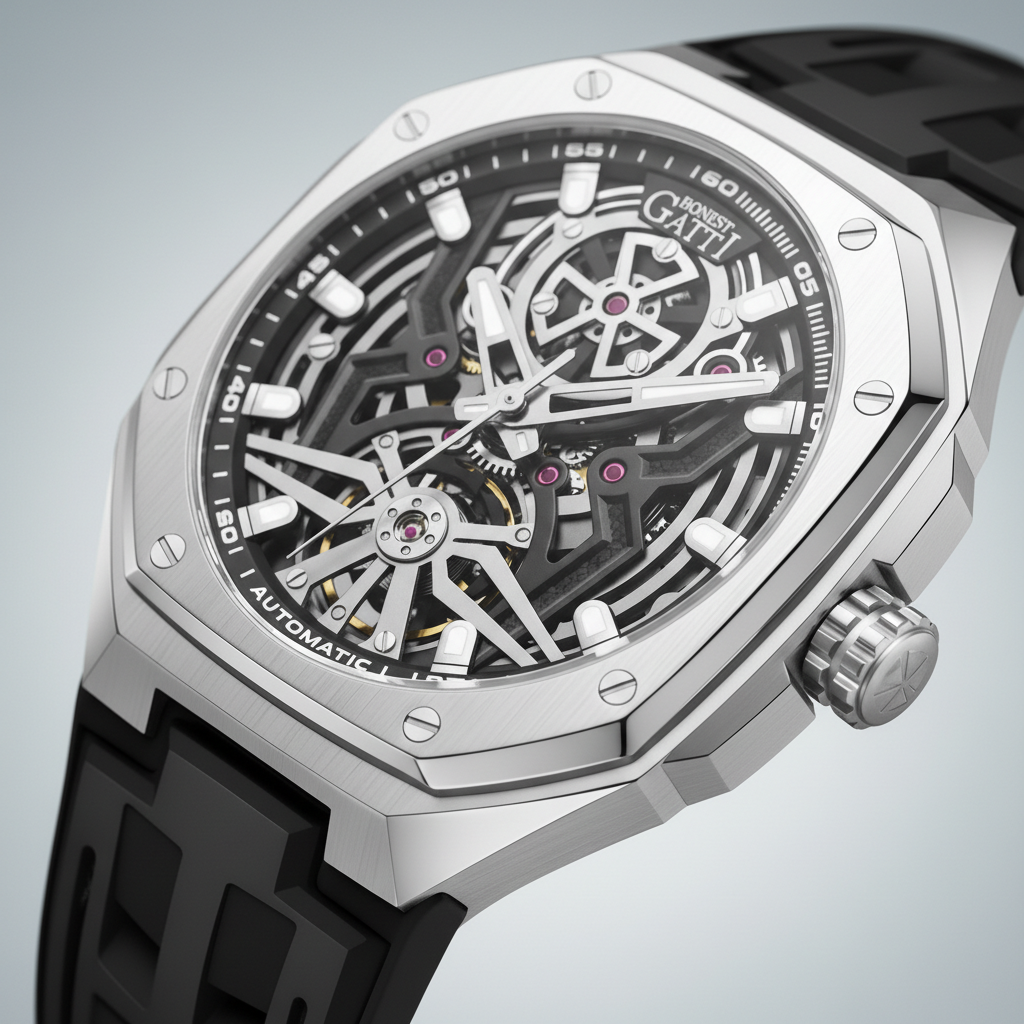 BONEST GATTI BG 5802 automatic diver watch with brushed silver case and skeleton dial studio close up