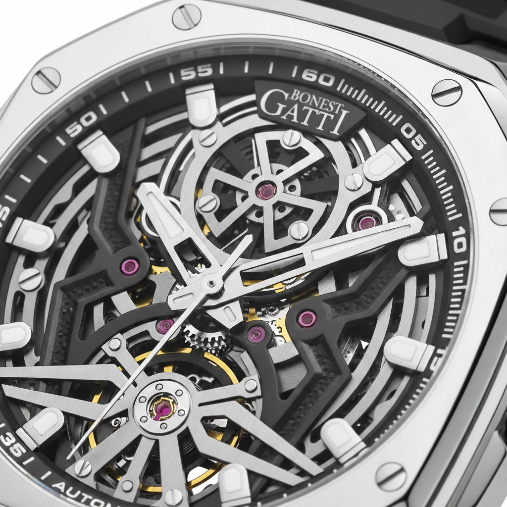 BONEST GATTI BG 5802 automatic diver watch skeleton dial macro detail with visible mechanical movement