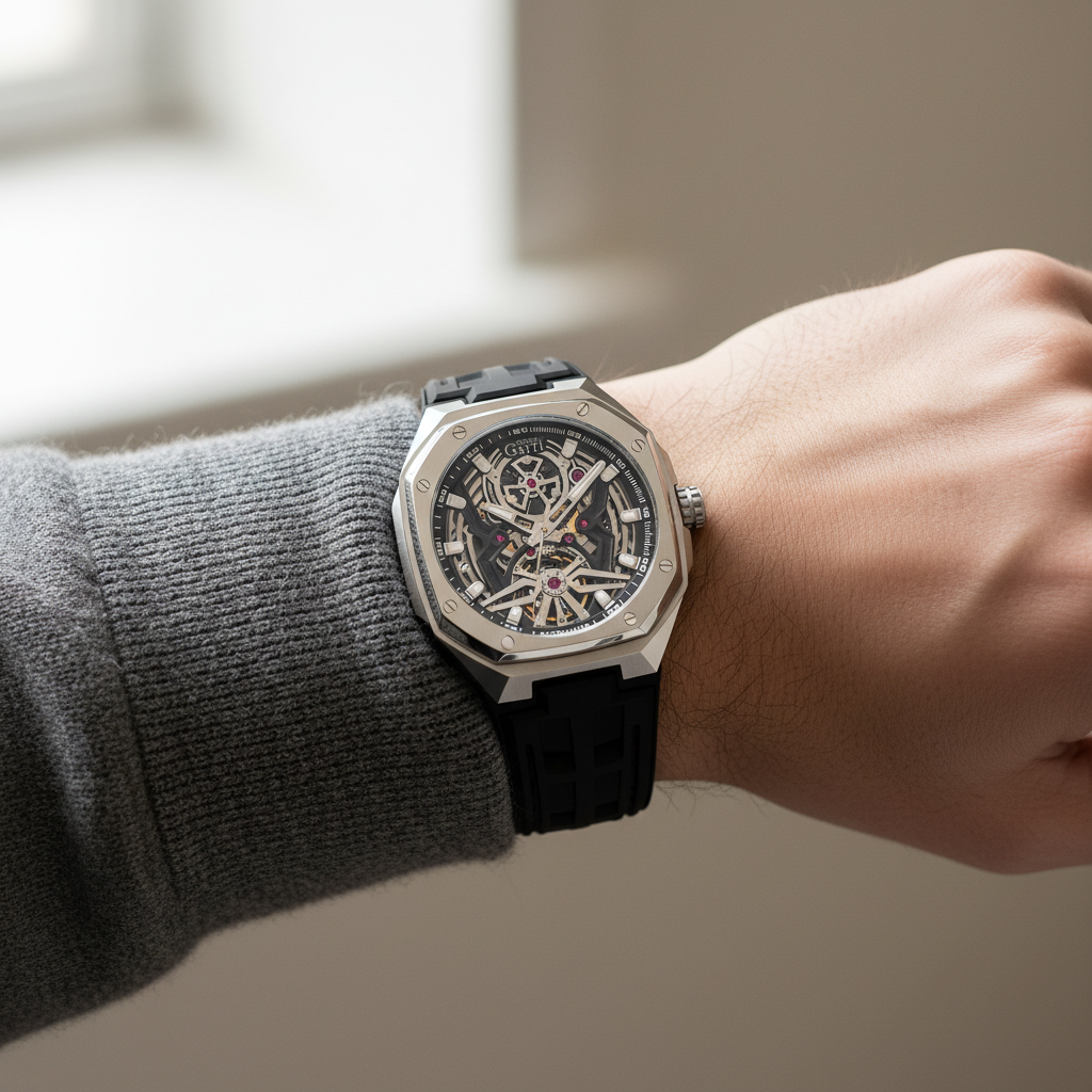 BONEST GATTI BG 8002 automatic diver watch worn on wrist showing brushed silver case and black strap