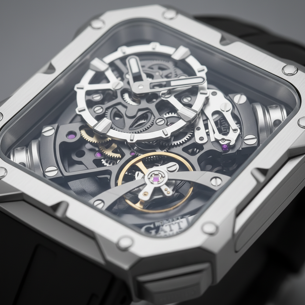 BONEST GATTI BG4001 mechanical skeleton watch for men close up view of carbon fiber movement and balance wheel