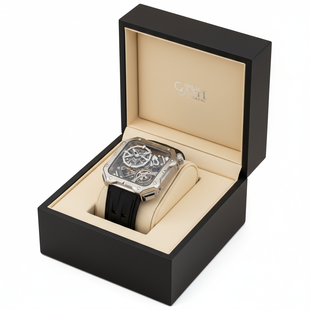 BONEST GATTI BG4001 luxury automatic wristwatch presented in premium box tonneau titanium skeleton design