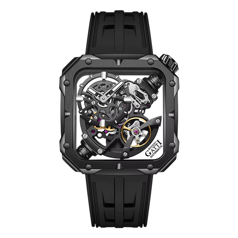 BONEST GATTI BG4001 men’s skeleton automatic watch black edition tonneau case carbon fiber movement front view