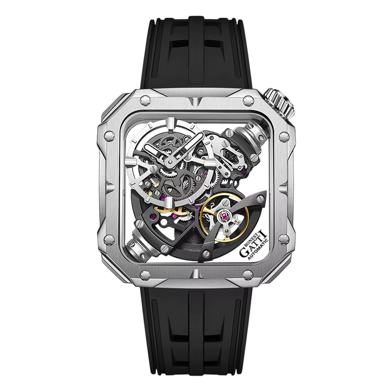 BONEST GATTI BG4001 men’s skeleton automatic watch with tonneau titanium case carbon fiber details and black strap front view