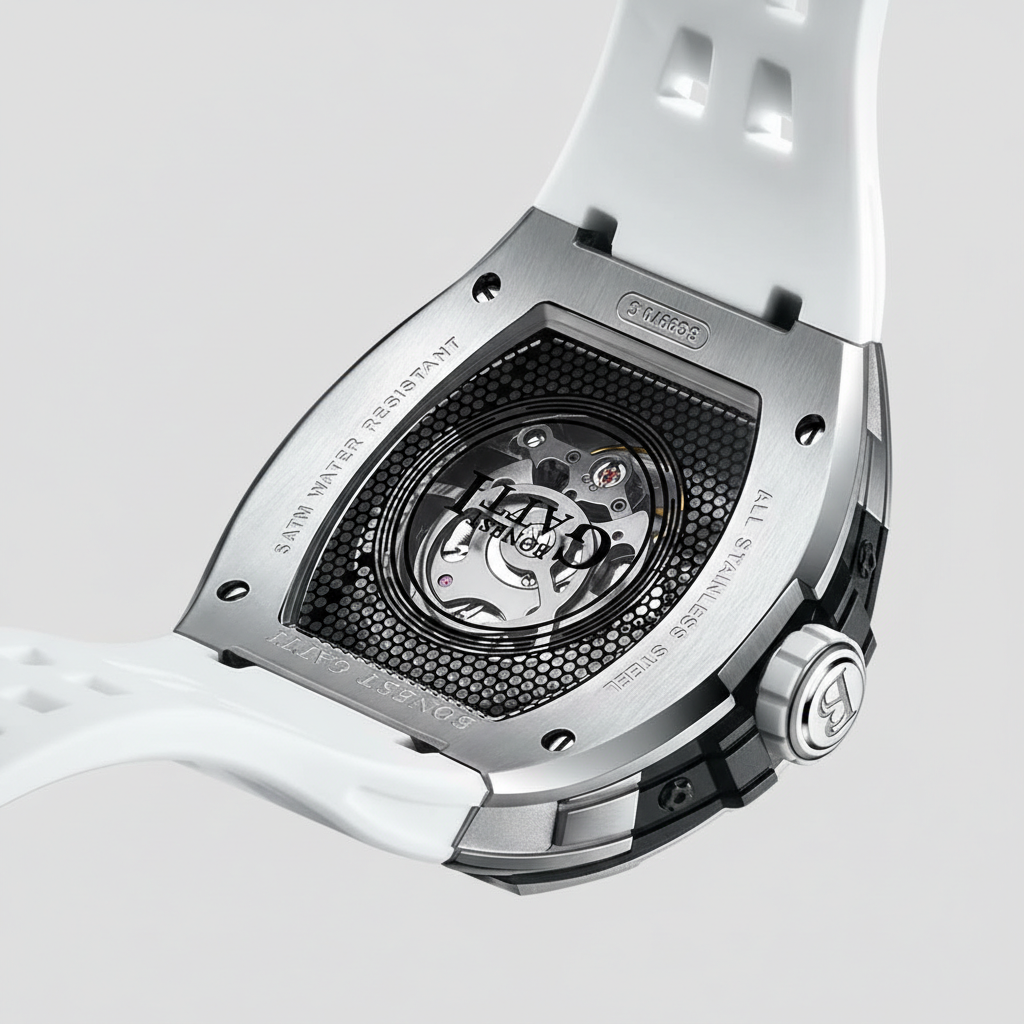 BONEST GATTI BG5001 automatic skeleton watch transparent case back revealing mechanical movement and rotor