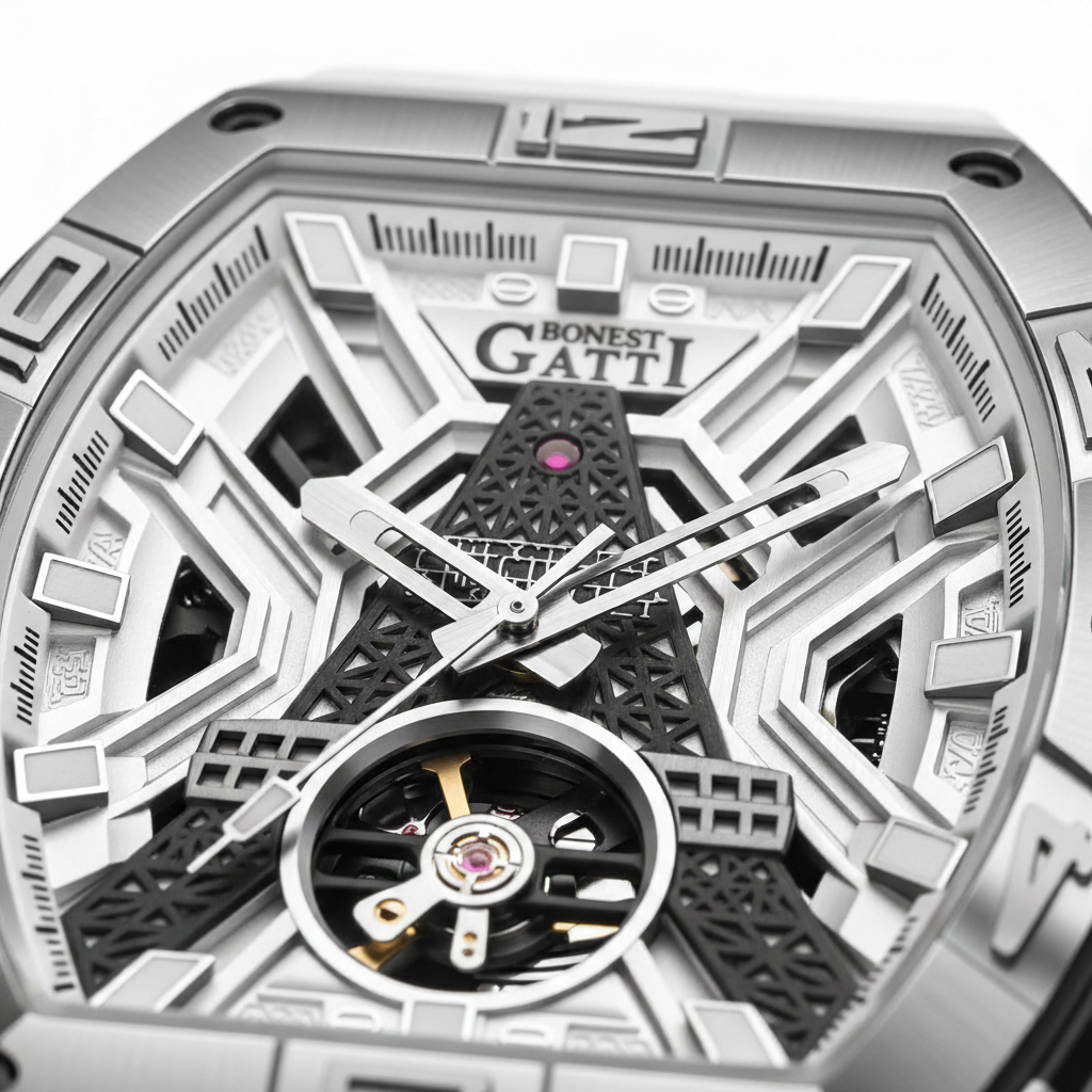 BONEST GATTI BG5001 automatic skeleton watch close up of silver openwork dial with visible balance wheel