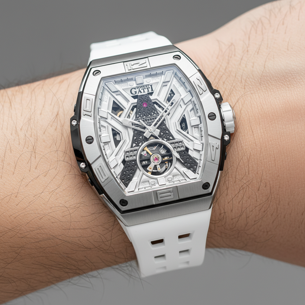 BONEST GATTI BG5001 automatic skeleton watch for men worn on wrist showing white strap and tonneau case design