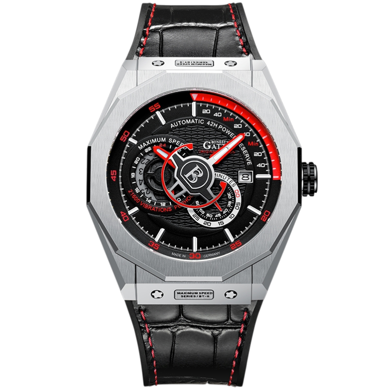 BONEST GATTI BG8601 B King’s Speed automatic mechanical watch with silver case and red accents, high performance mechanical watch