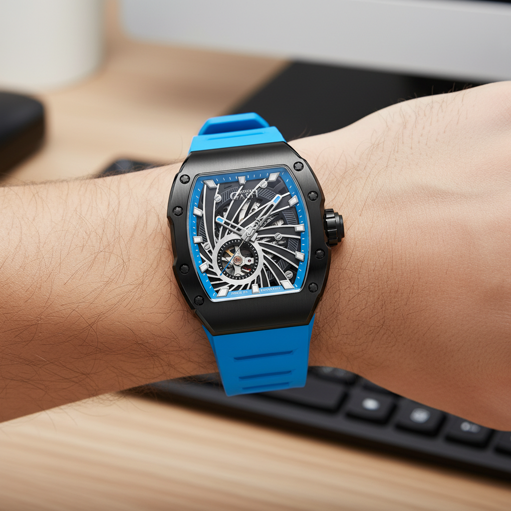 BONEST GATTI BG9902 Skeleton Phantom Speed automatic watch worn on wrist with blue rubber strap and skeleton dial