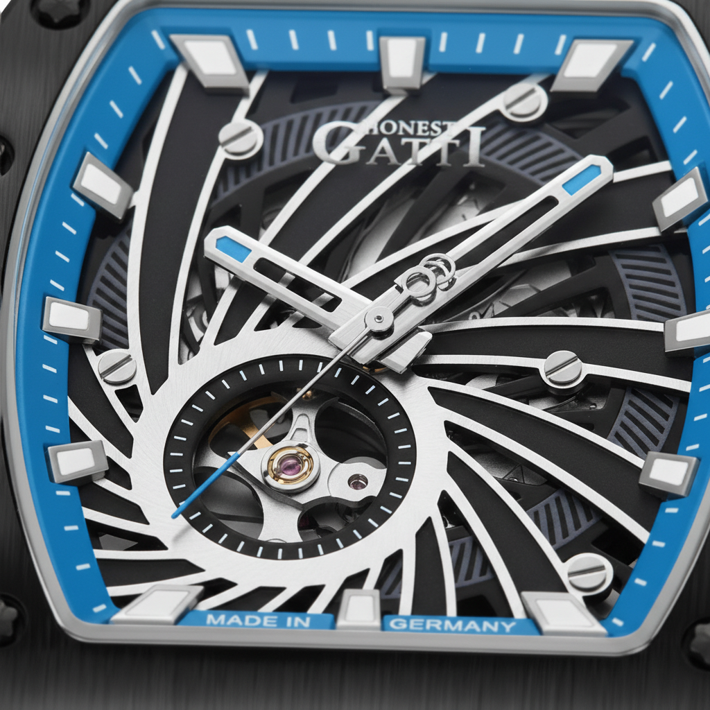 Close-up macro of BONEST GATTI BG9902 Skeleton Phantom Speed dial showing exposed automatic movement and blue accents
