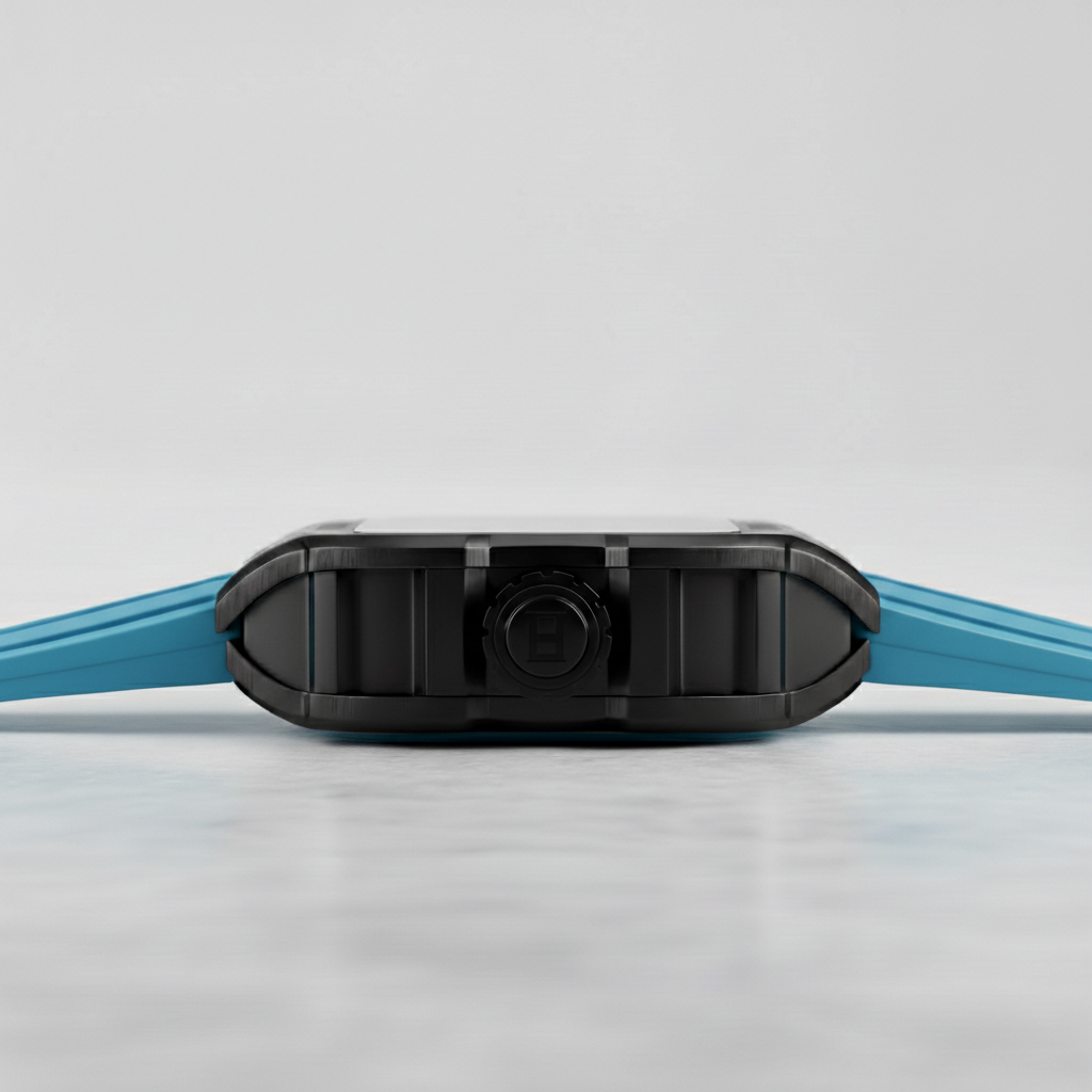 Side profile view of BONEST GATTI BG9902 Skeleton Phantom Speed automatic watch showing black case thickness and blue detail