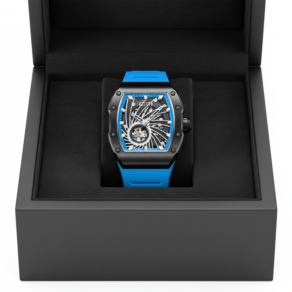 BONEST GATTI BG9902 Skeleton Phantom Speed automatic watch displayed in luxury presentation box with blue strap