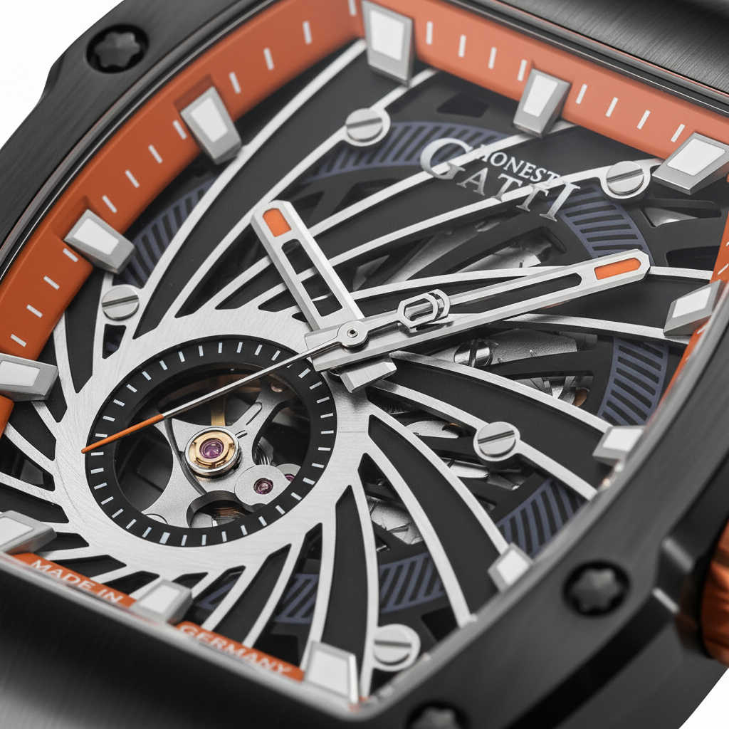 Close-up macro of BONEST GATTI BG9902 Skeleton Phantom Speed dial showing exposed automatic movement and orange accents