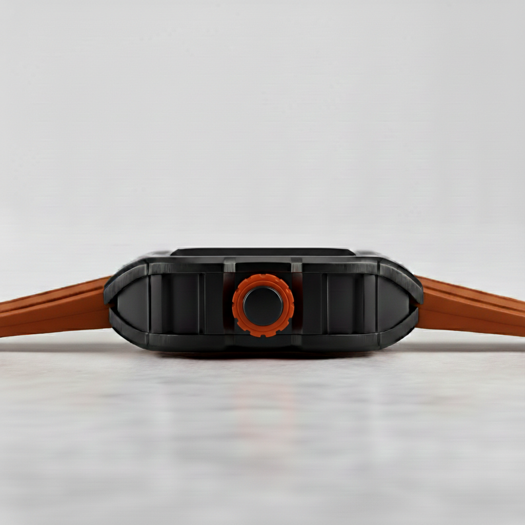 Side profile view of BONEST GATTI BG9902 Skeleton Phantom Speed automatic watch showing black case thickness and orange crown detail