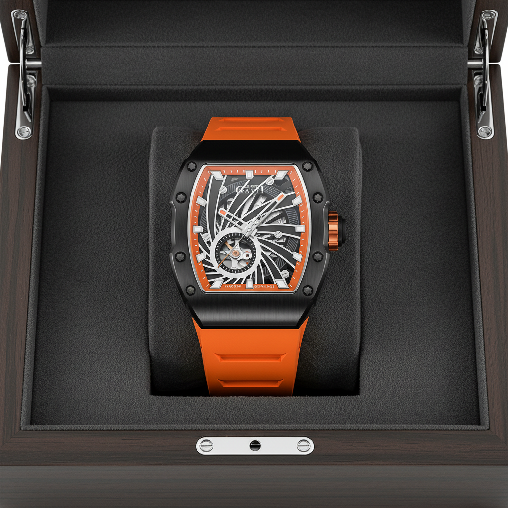 BONEST GATTI BG9902 Skeleton Phantom Speed automatic watch displayed in luxury presentation box with orange strap