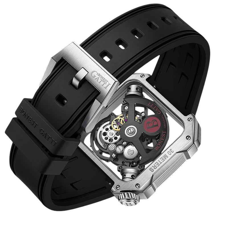 Transparent case back revealing gears and rotor of BONEST GATTI BG4001 automatic watch