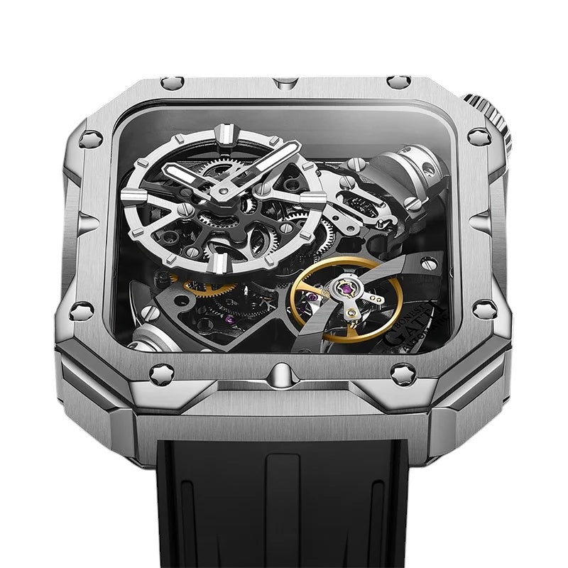 Silver version of BONEST GATTI BG4001 mechanical skeleton watch with rubber strap