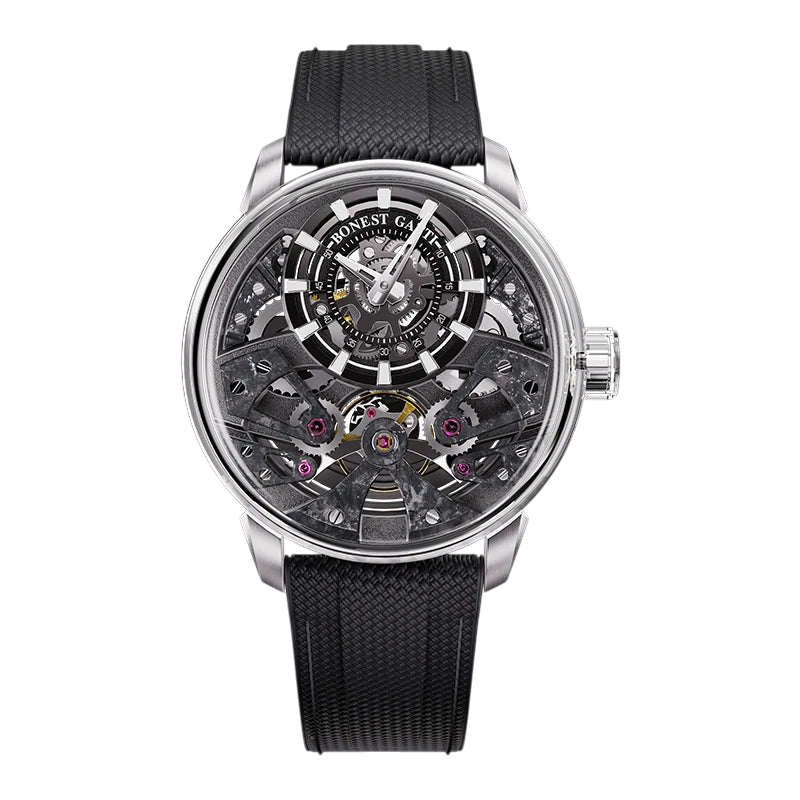 Bonest Gatti BG4002 automatic skeleton watch front view with black dial and sapphire crystal