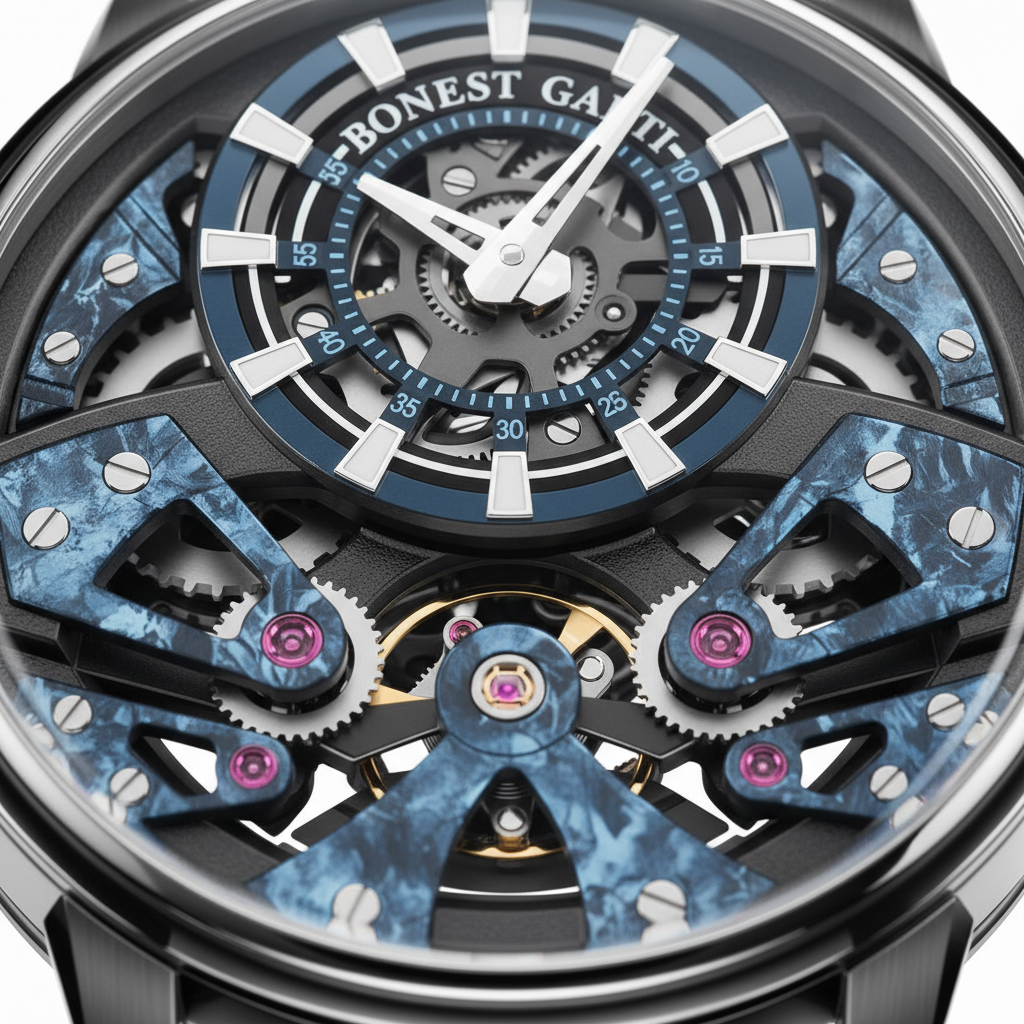 Bonest Gatti BG4002 skeleton dial macro close up showing sapphire crystal and exposed movement