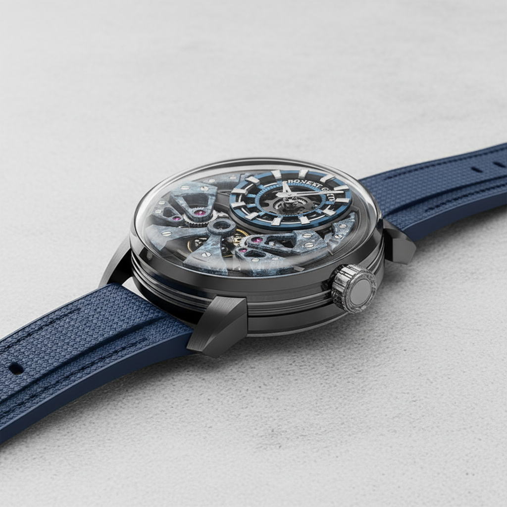 Bonest Gatti BG4002 automatic skeleton watch side profile showing sapphire crystal case and blue leather strap