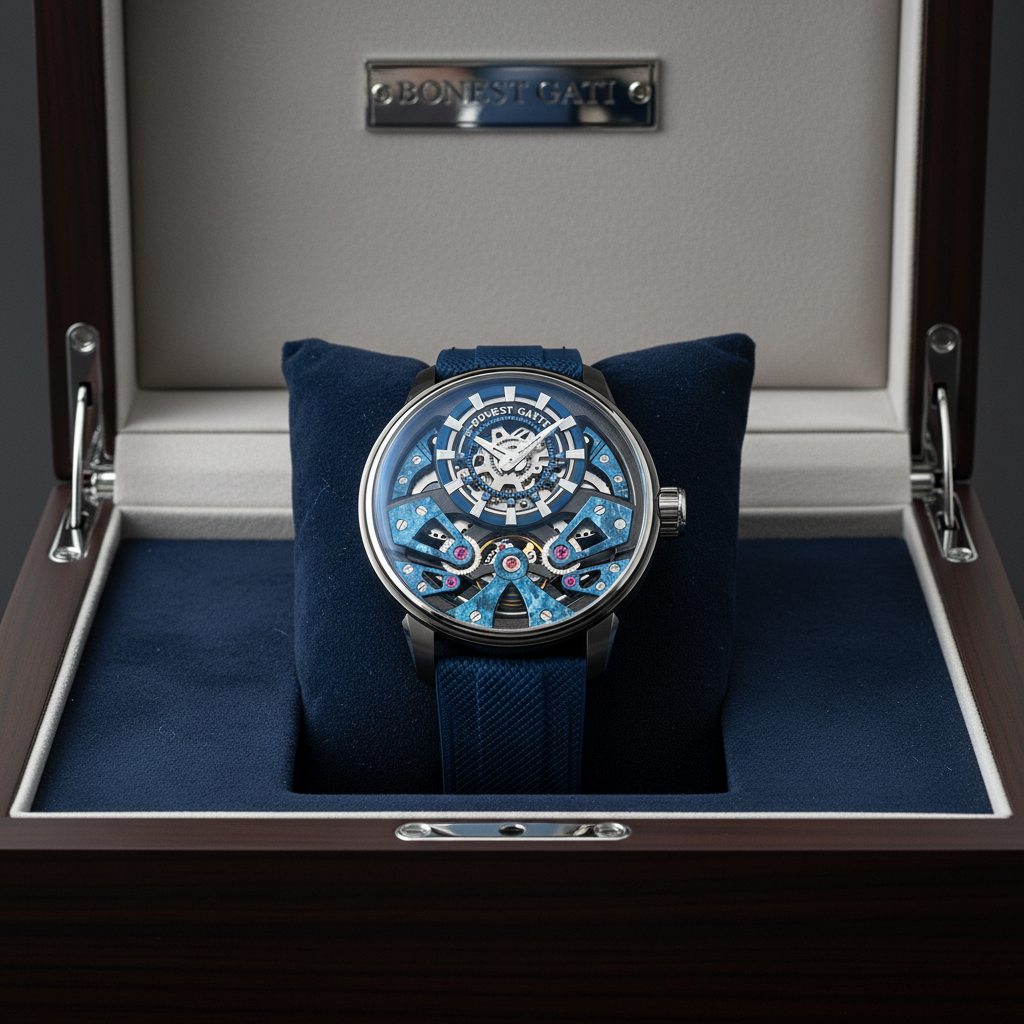 Bonest Gatti BG4002 automatic skeleton watch displayed in original luxury presentation box