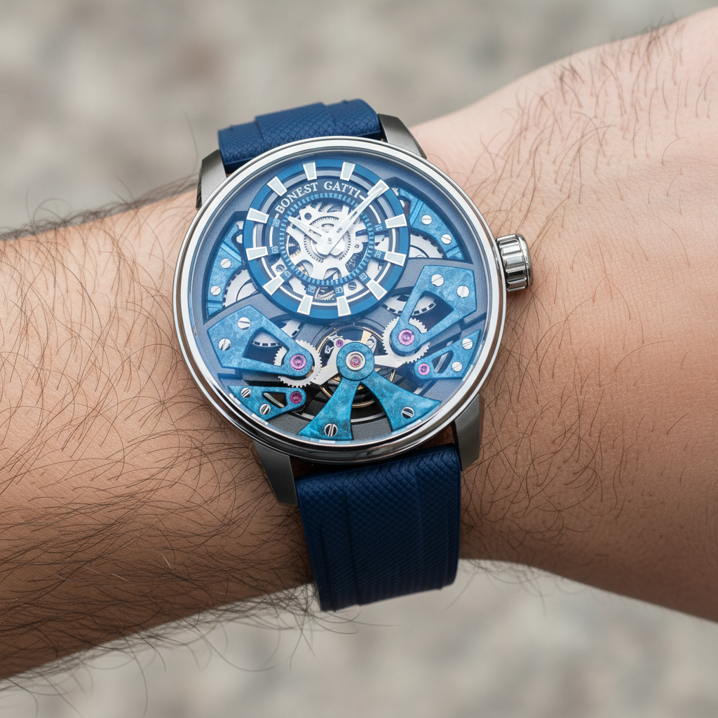 Bonest Gatti BG4002 automatic skeleton watch worn on wrist with blue dial and sapphire crystal
