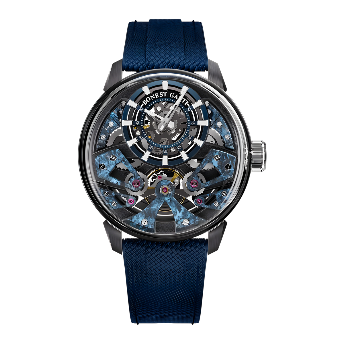 Bonest Gatti BG4002 automatic skeleton watch front view with dark blue dial and sapphire crystal