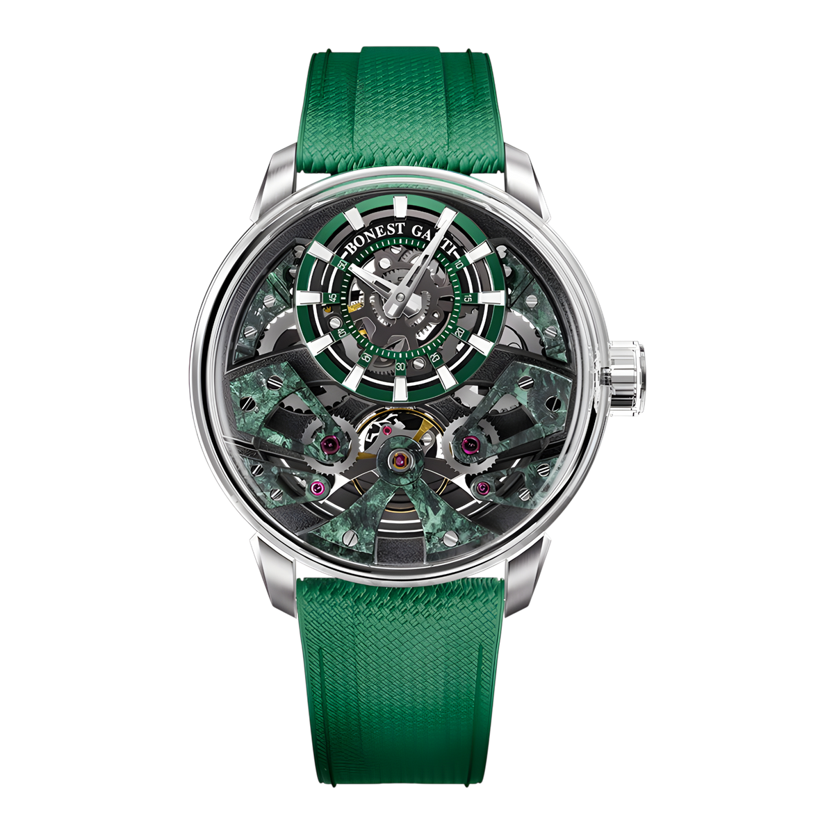 Bonest Gatti BG4002 automatic skeleton watch front view with green dial and sapphire crystal