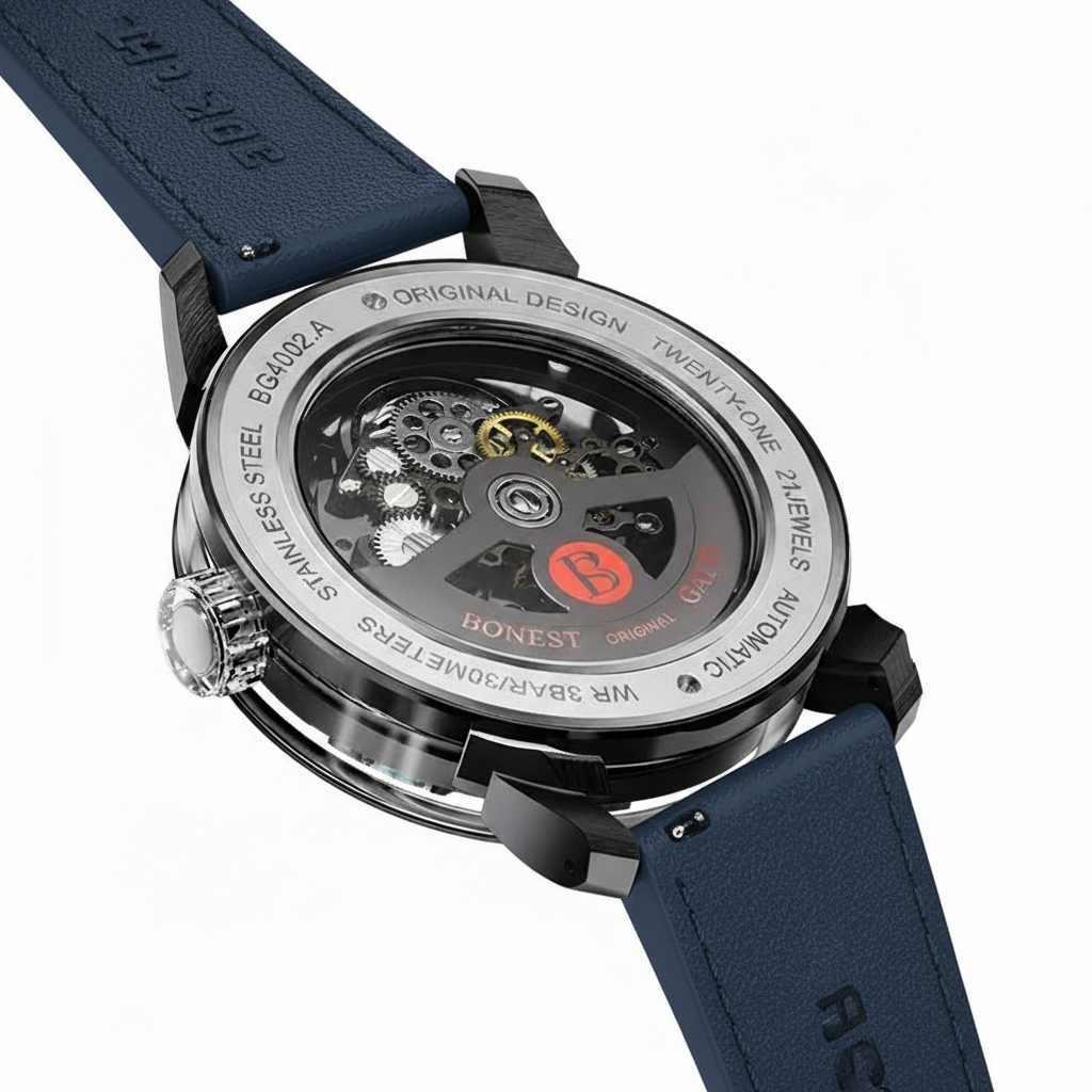 Bonest Gatti BG4002 automatic skeleton watch transparent caseback revealing mechanical movement