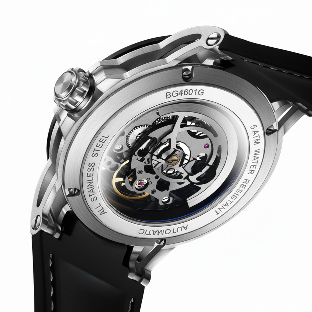 BONEST GATTI BG4601 automatic skeleton watch case back showing transparent rotor and mechanical movement