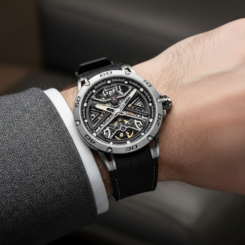 BONEST GATTI BG4601 men’s automatic skeleton watch worn on wrist with black strap and exposed mechanical dial