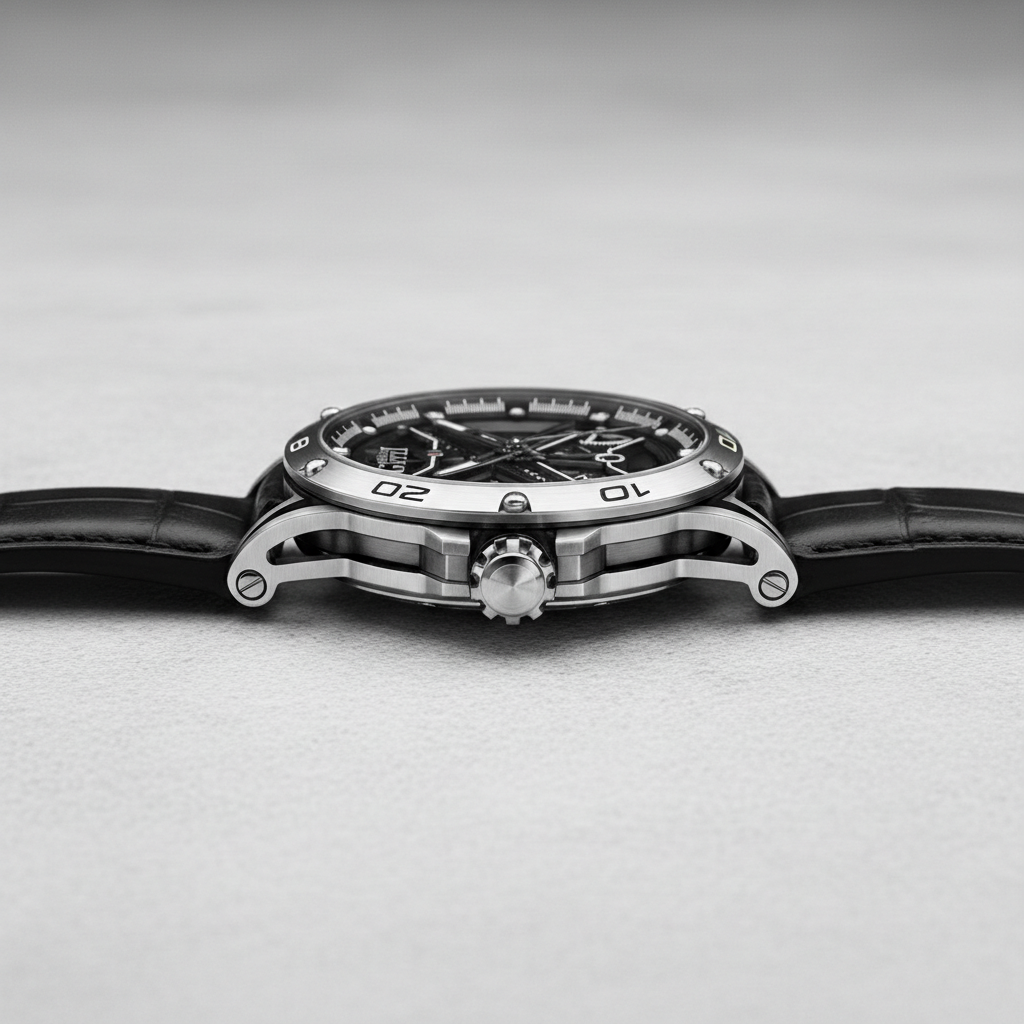 BONEST GATTI BG4601 automatic skeleton watch for men showing stainless steel case side profile and crown detail