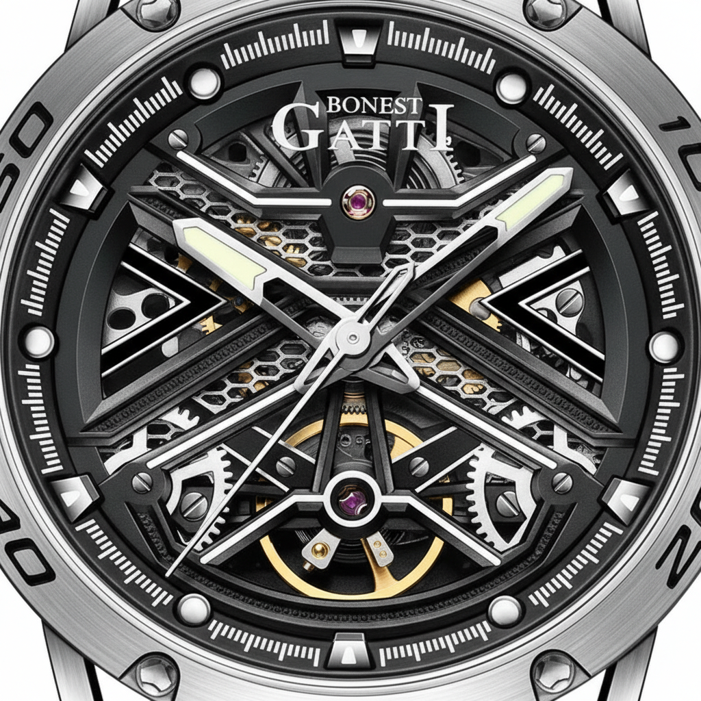 BONEST GATTI BG4601 skeleton dial close up highlighting openworked movement and luminous hands