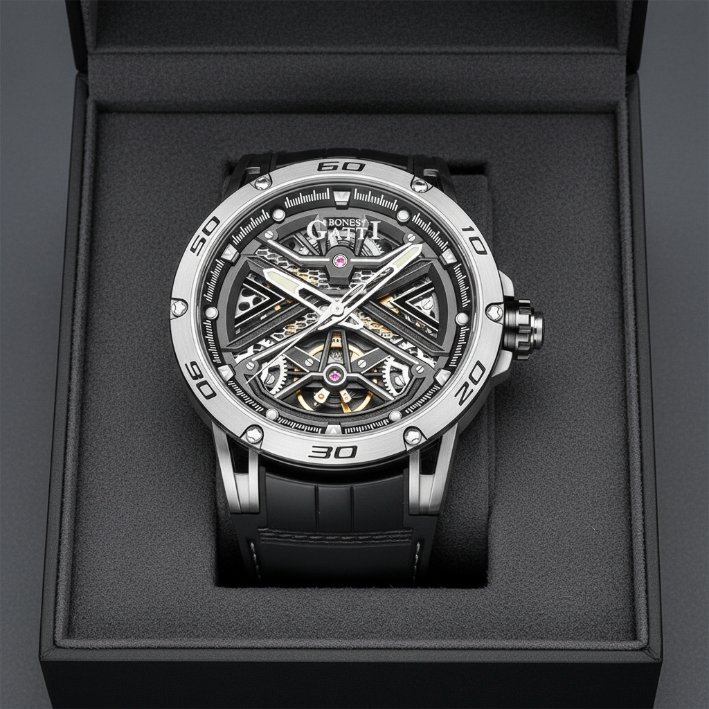 BONEST GATTI BG4601 automatic skeleton watch for men displayed in luxury presentation box