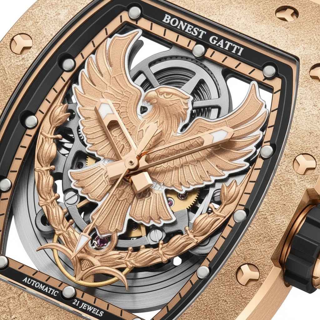 BONEST GATTI BG5002 skeleton automatic dragon watch macro view of engraved dragon dial and mechanical movement