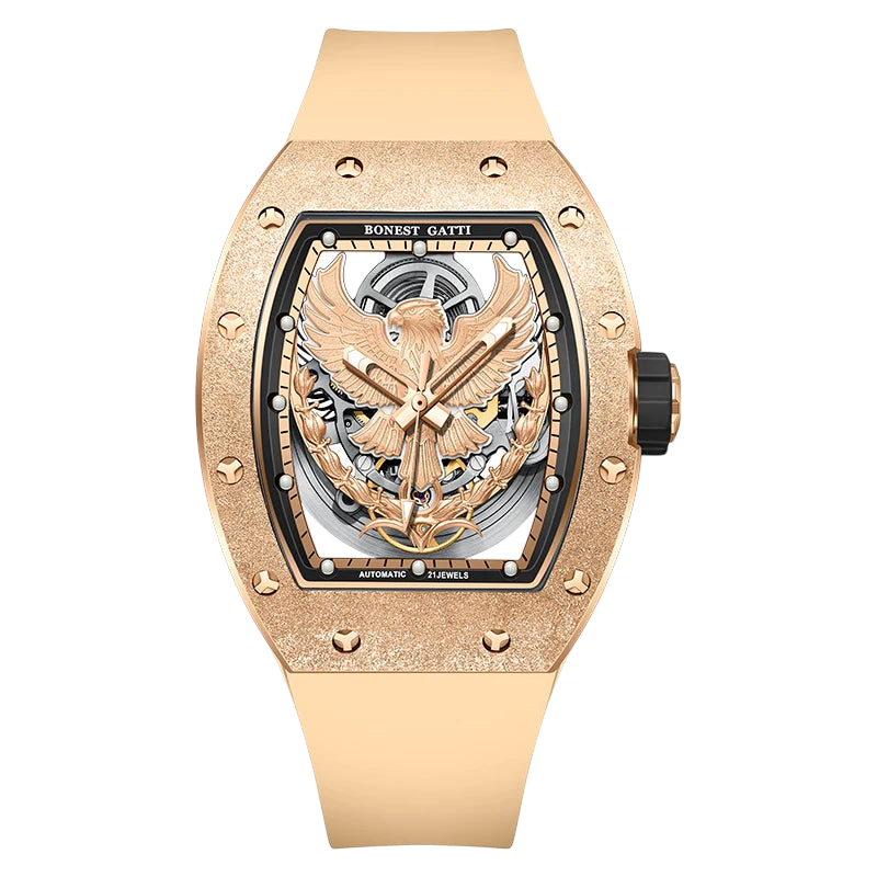 BONEST GATTI BG5002 men’s automatic skeleton watch with gold eagle dial front view