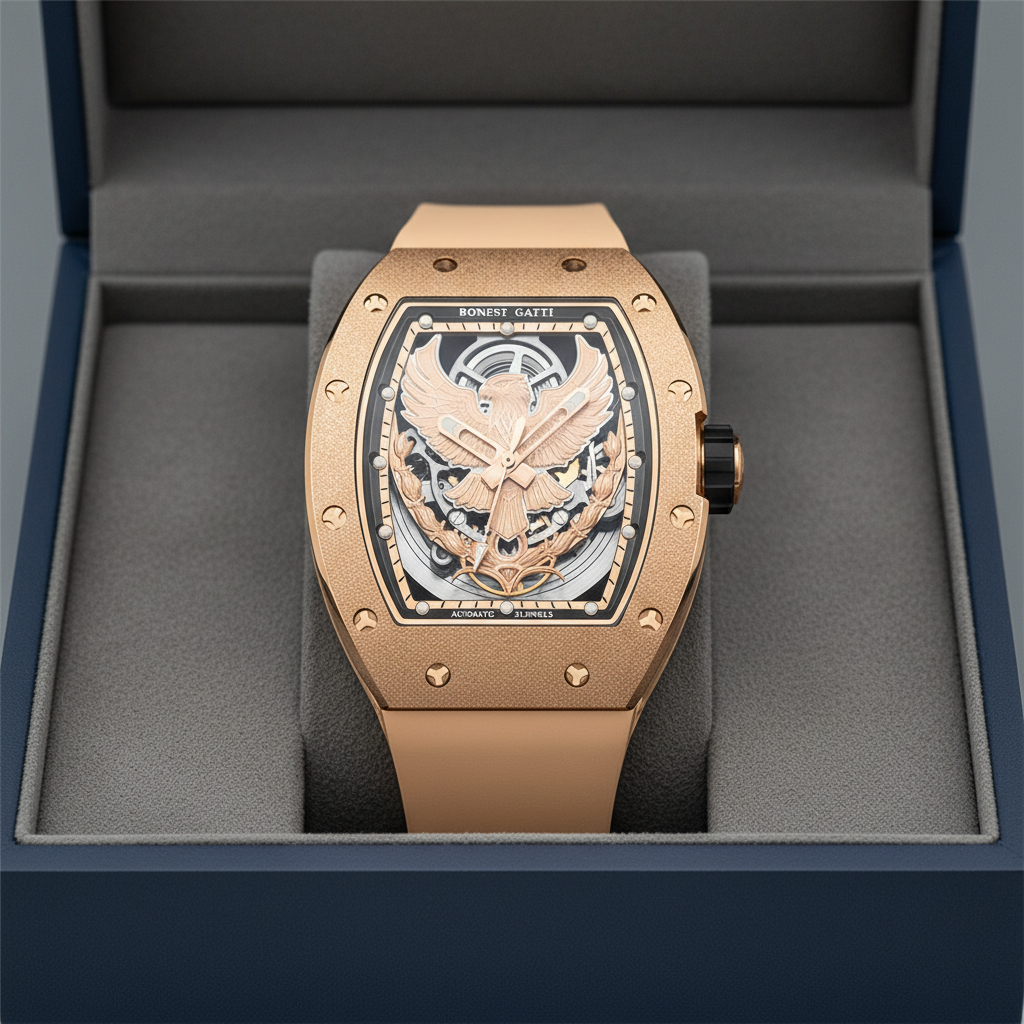 BONEST GATTI BG5002 skeleton automatic dragon watch rose gold edition displayed in luxury presentation box