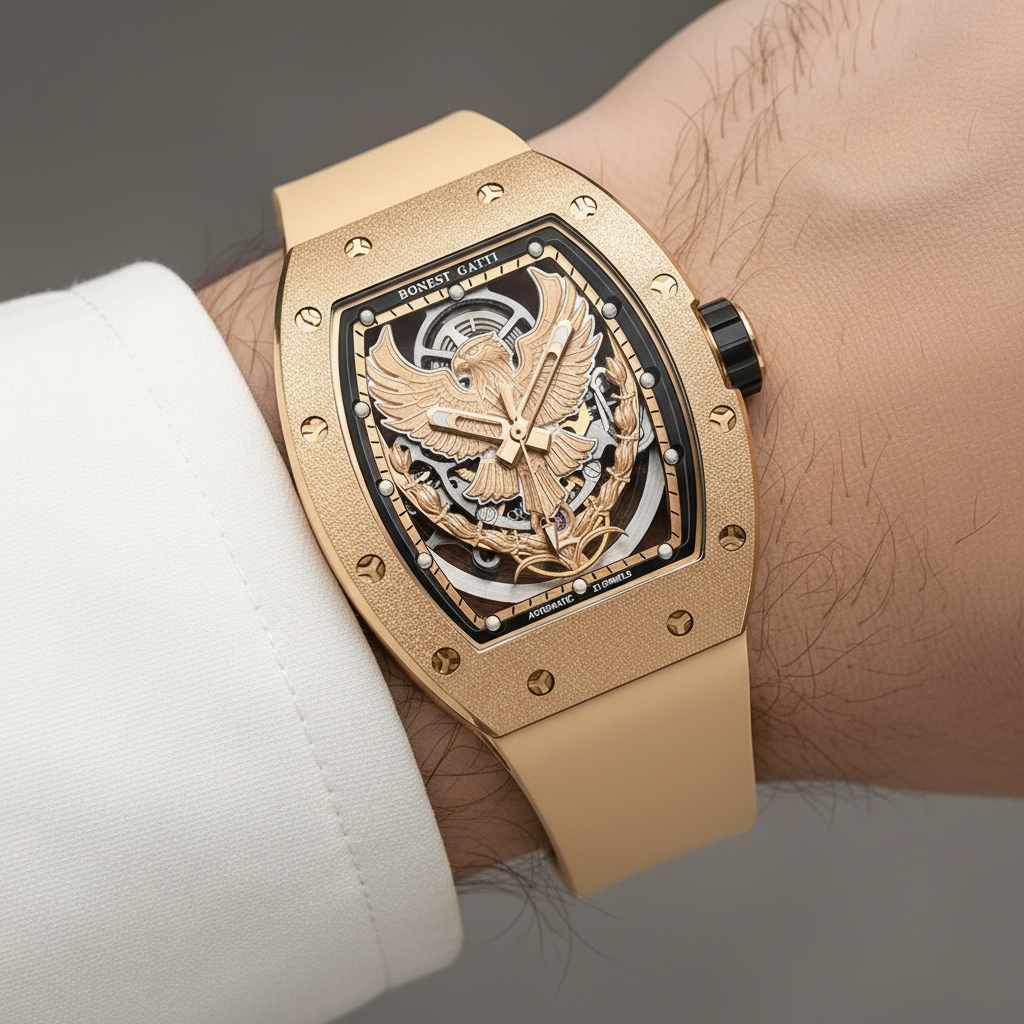 BONEST GATTI BG5002 skeleton automatic dragon watch reminder rose gold worn on wrist lifestyle view
