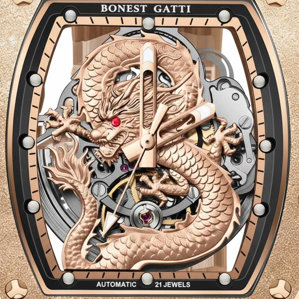 BONEST GATTI BG5003 skeleton automatic dragon watch macro view of engraved dragon dial and mechanical movement