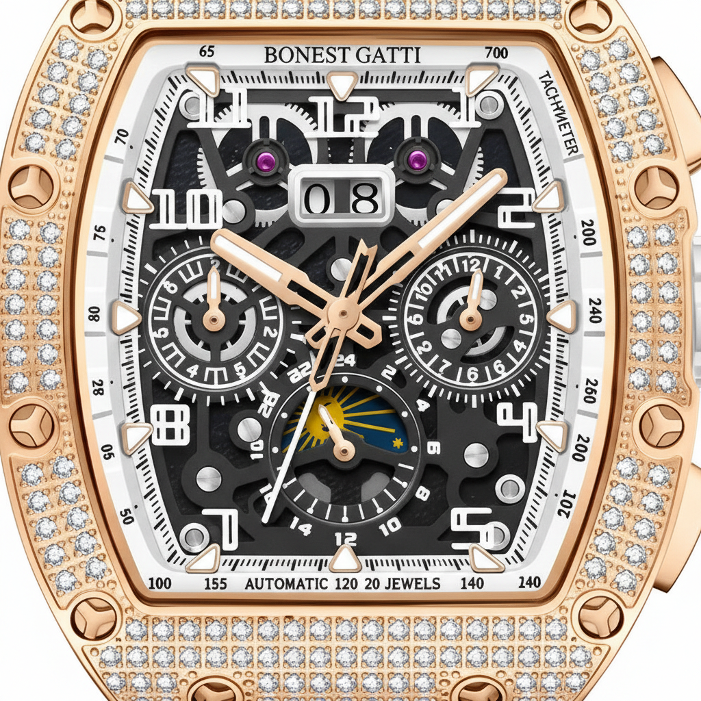 BONEST GATTI BG5004 automatic mechanical watch dial macro showing skeleton movement and diamond bezel