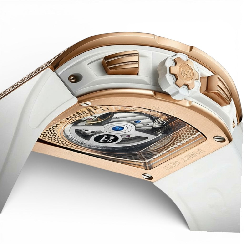 BONEST GATTI BG5004 automatic mechanical watch showing sapphire caseback and rose gold crown with white rubber strap