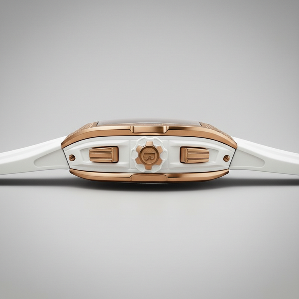 BONEST GATTI BG5004 automatic mechanical watch side profile showing rose gold case, crown, and pushers