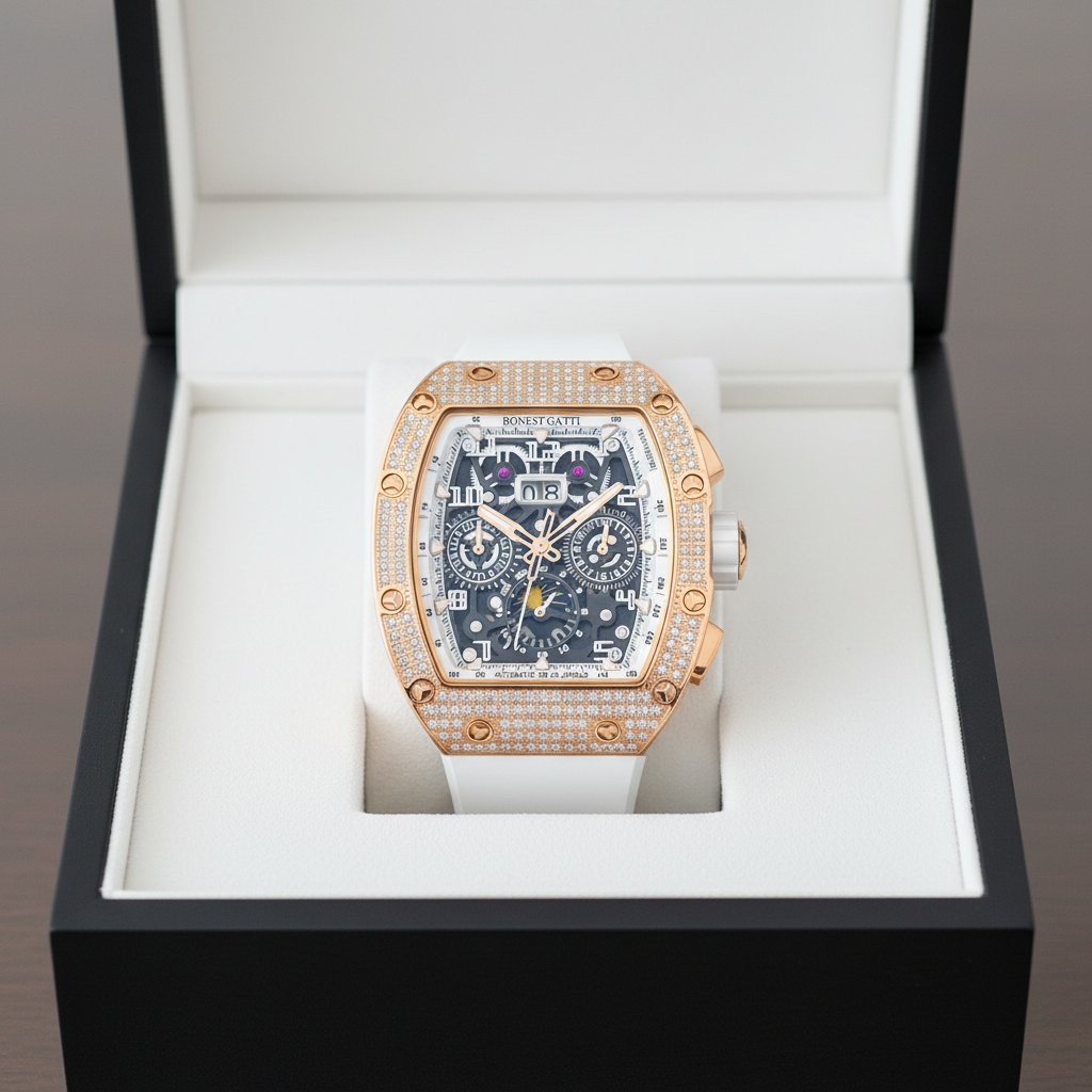 BONEST GATTI BG5004 automatic mechanical watch displayed in luxury presentation box with diamond bezel