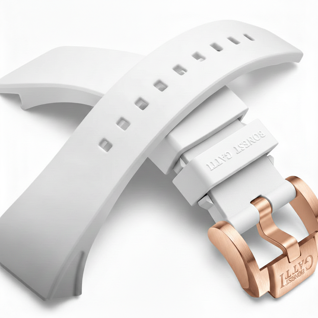 BONEST GATTI BG5004 automatic mechanical watch white rubber strap with rose gold signed buckle detail