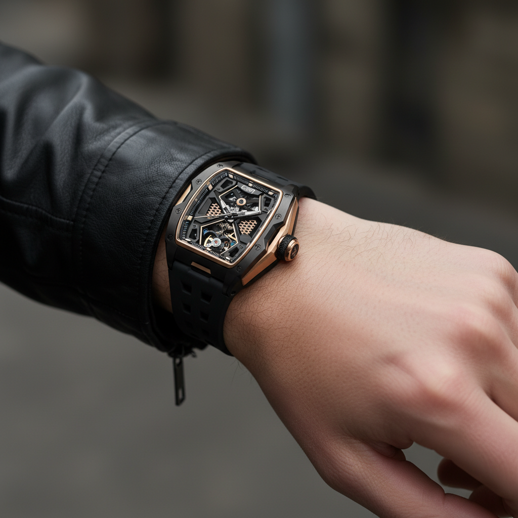 BONEST GATTI BG5501 automatic mechanical watch worn on the wrist, showcasing rose gold case accents, black strap, and bold luxury presence