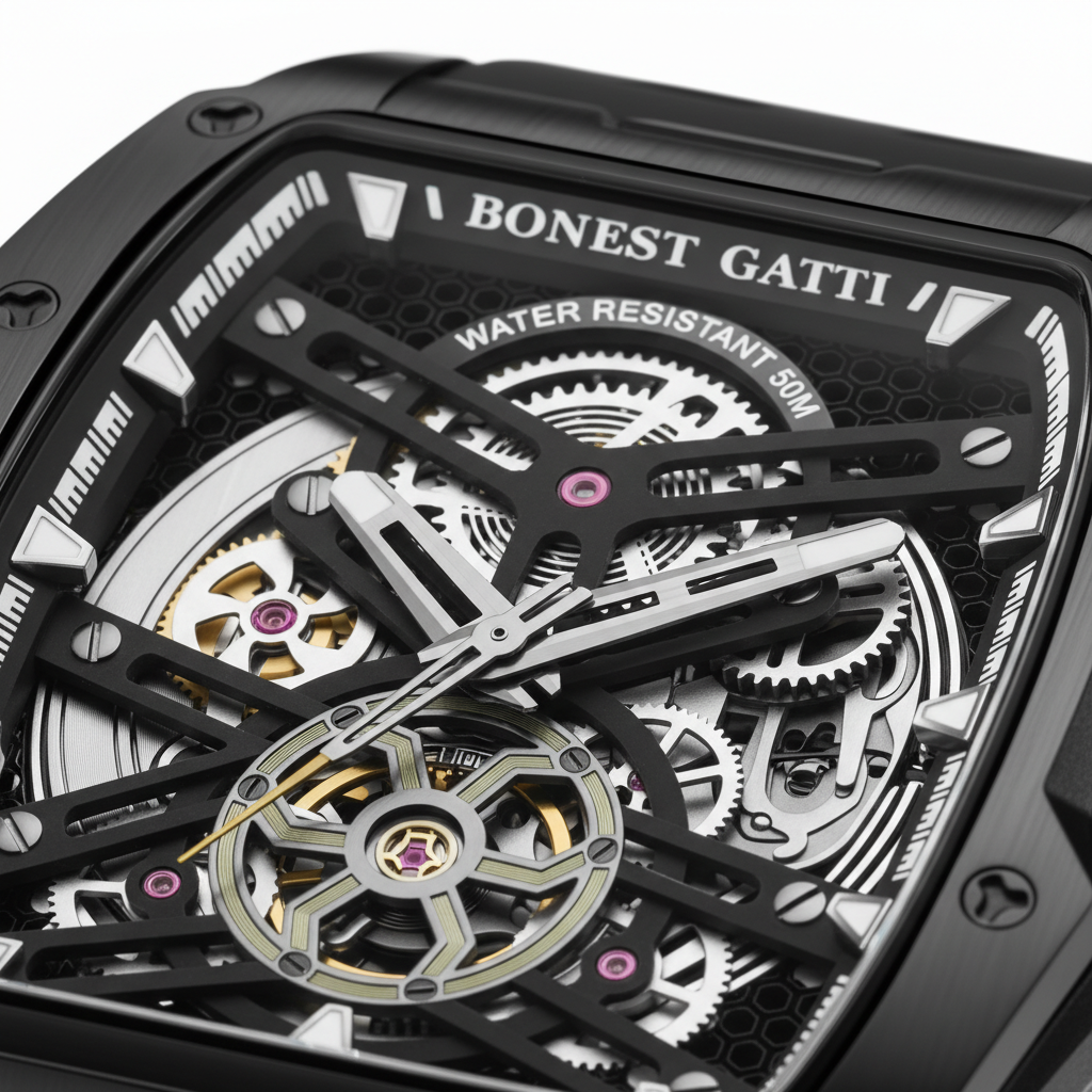 BONEST GATTI BG5502 skeleton mechanical watch for men featuring a black tonneau case and detailed openwork dial with visible gears