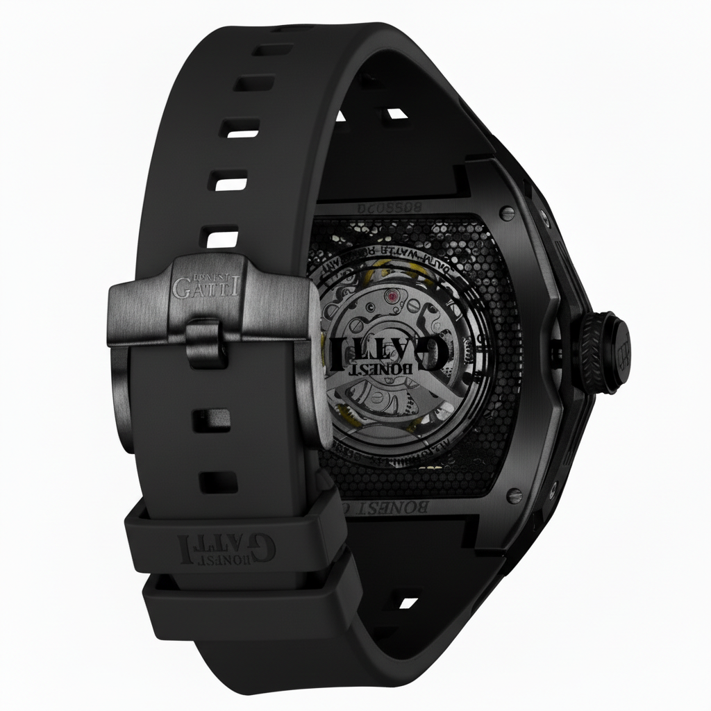 BONEST GATTI BG5502 skeleton mechanical watch for men showing transparent case back and black rubber strap with branded clasp